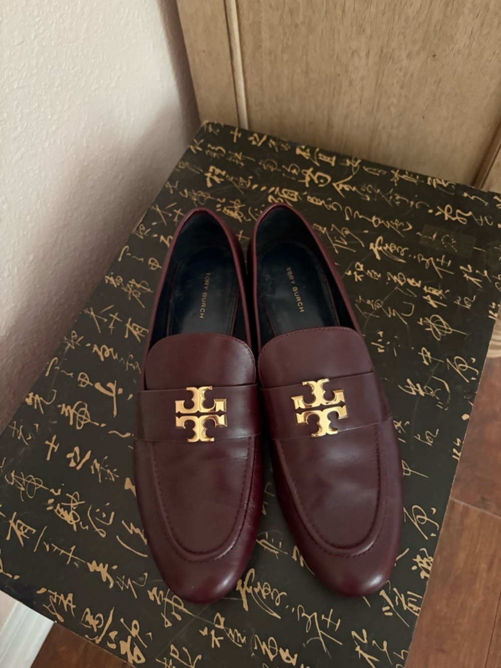 Tory Burch Burgundy Leather Loafers with Gold Logo